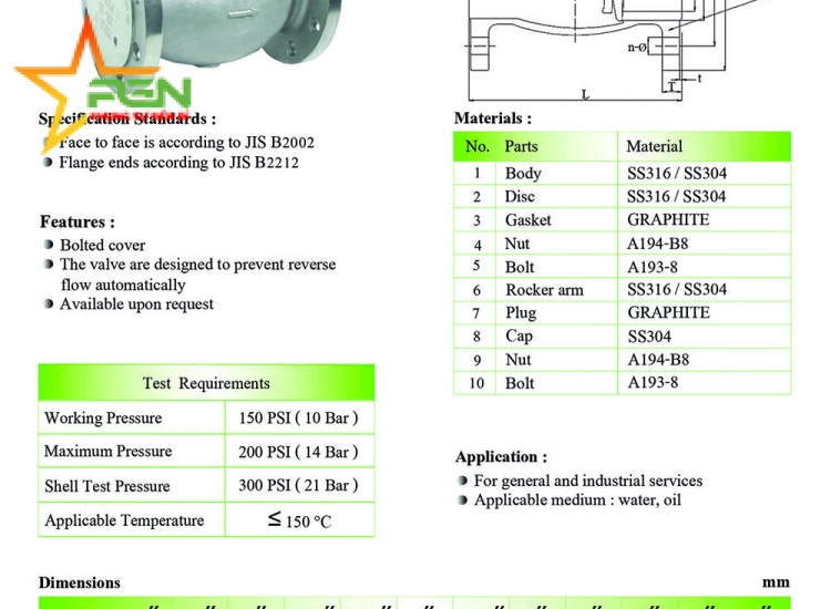 VAN 1 CHIỀU LÁ LẬT INOX 304 ARITA JIS10K/ ARITA-SS304-SWING-CHECK-VALVE-JIS10K